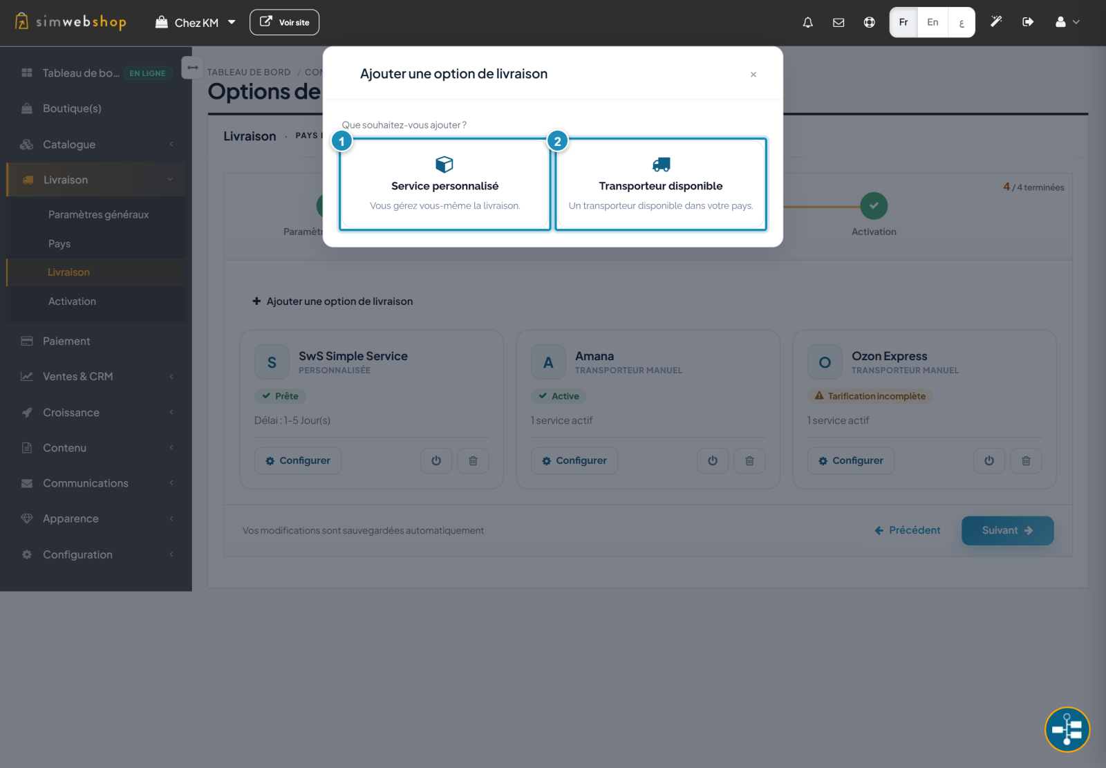 Ajouter une option de livraison : service personnalisé (repère 1), transporteur disponible (repère 2)