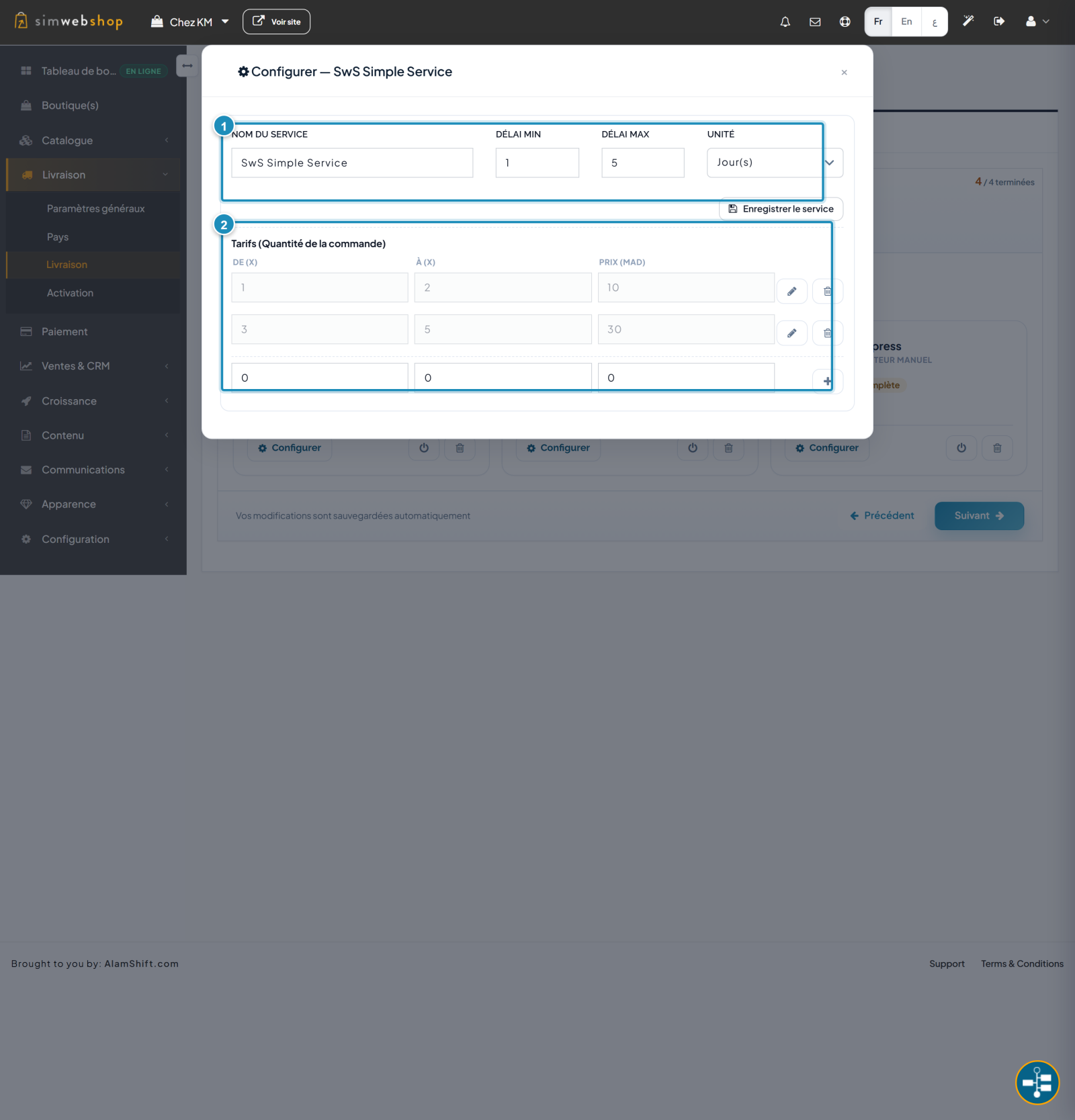Configurer un service : nom et délais (repère 1), tarifs par tranche De/À/Prix (repère 2)