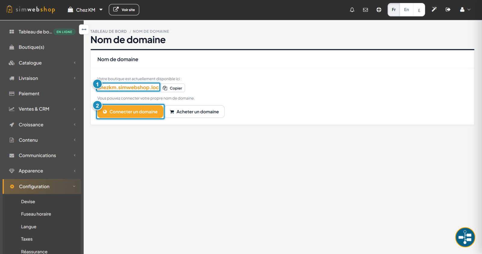 Nom de domaine : adresse actuelle SimWebShop (repère 1), bouton Connecter un domaine (repère 2)