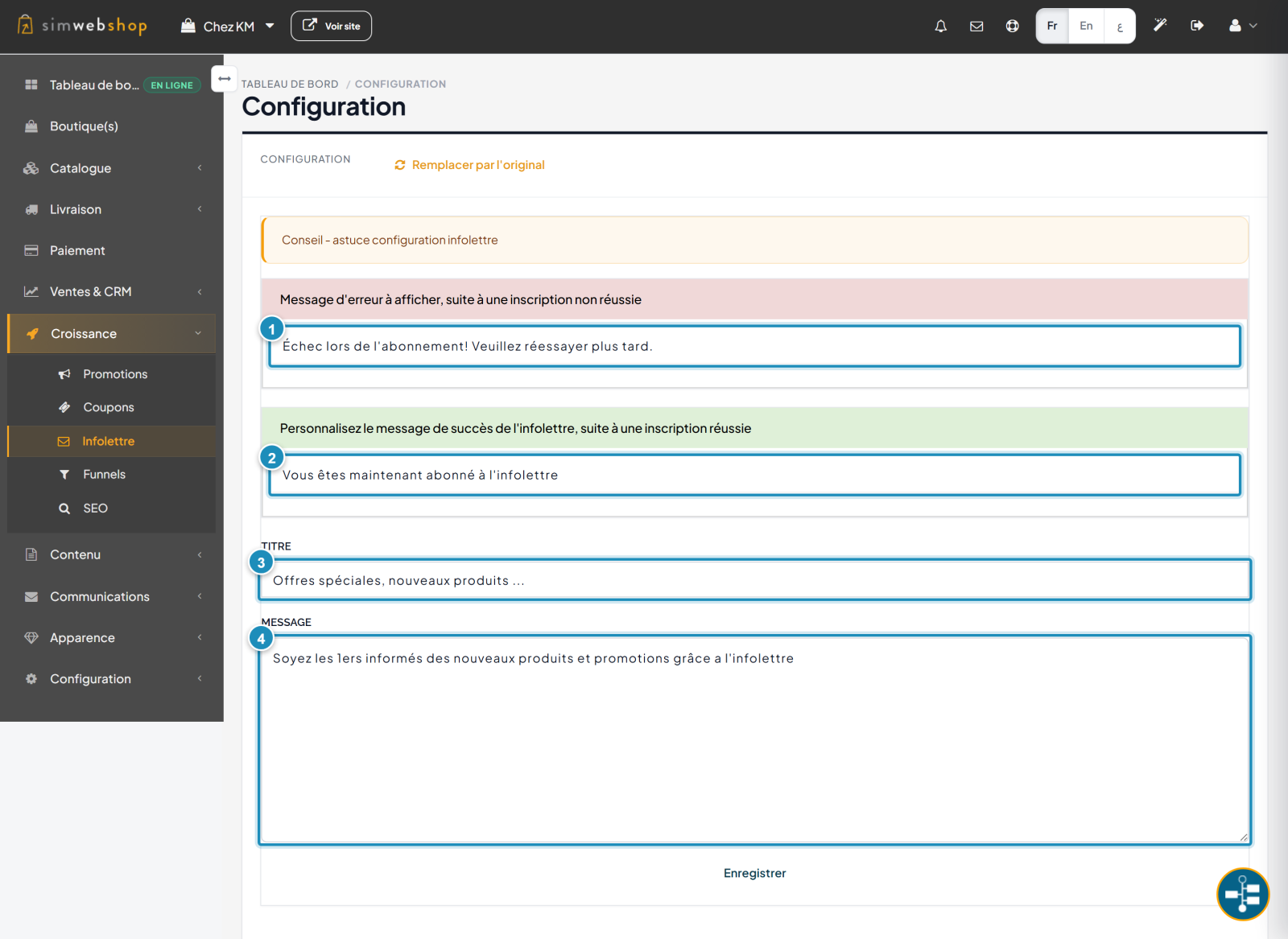 Configuration infolettre : message d'erreur (repère 1), message de succès (repère 2), titre (repère 3), message (repère 4)