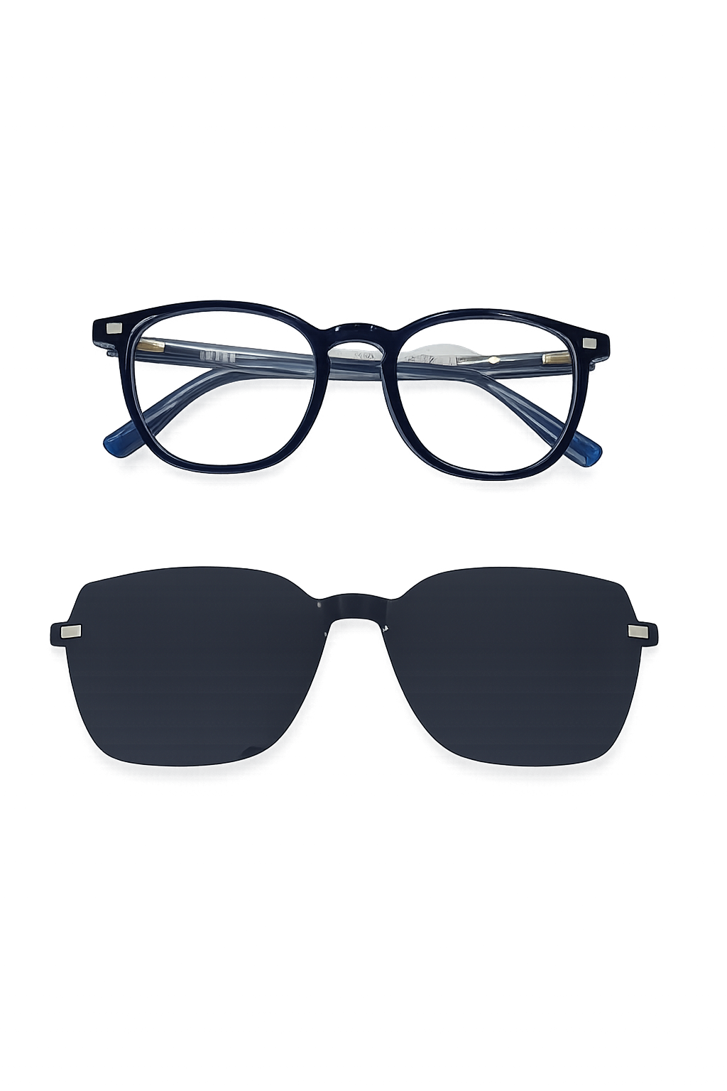  Monture 2-en-1 Ronde Bleu Marine + Clip Solaire Magnétique