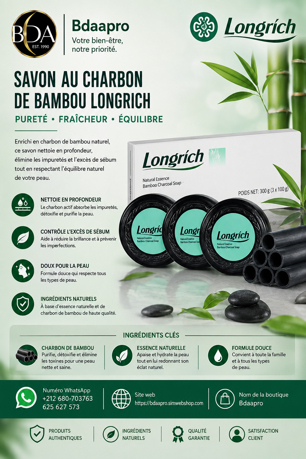 LONGRICH Pack De 3 Savons A Base De Charbon De Bambou