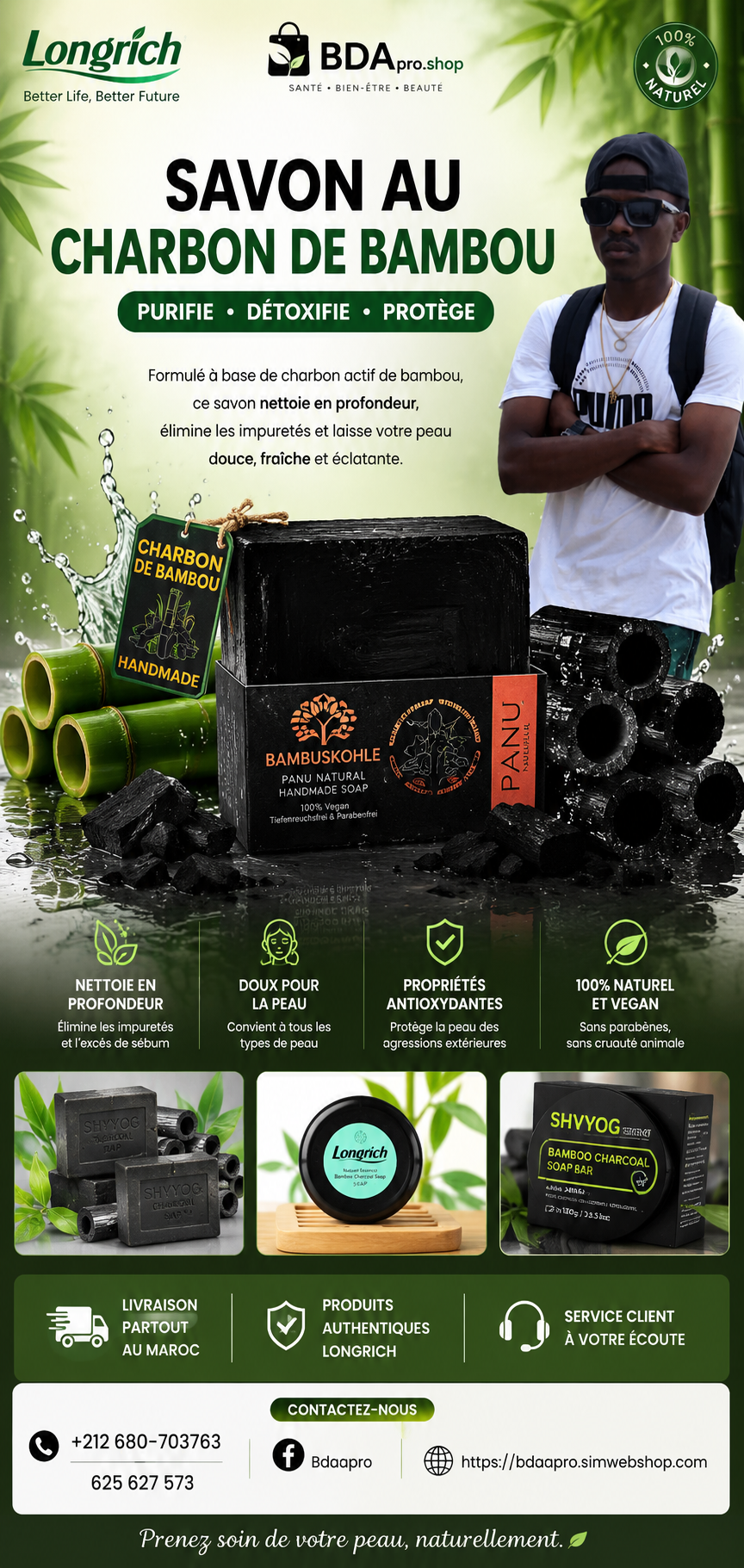 LONGRICH Pack De 3 Savons A Base De Charbon De Bambou
