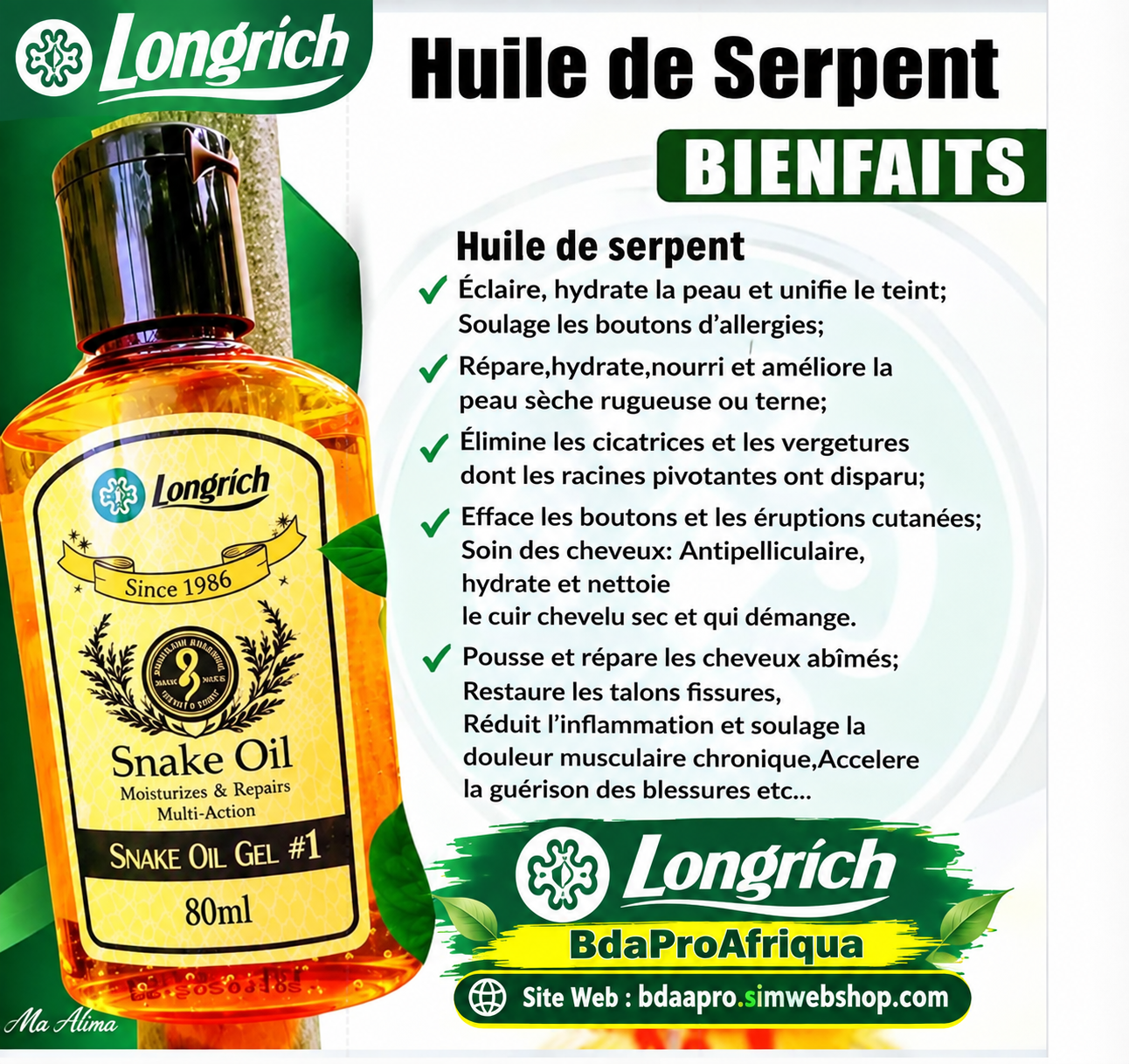 Longrich Huile de Serpent – Soin Capillaire