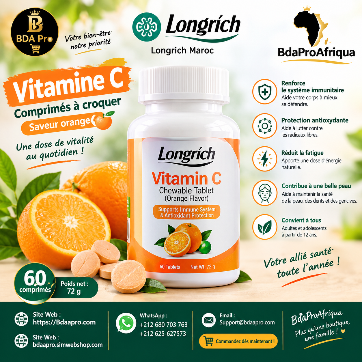 Longrich – Vitamine C 213 mg, Comprimés à Croquer – 60 comprimés