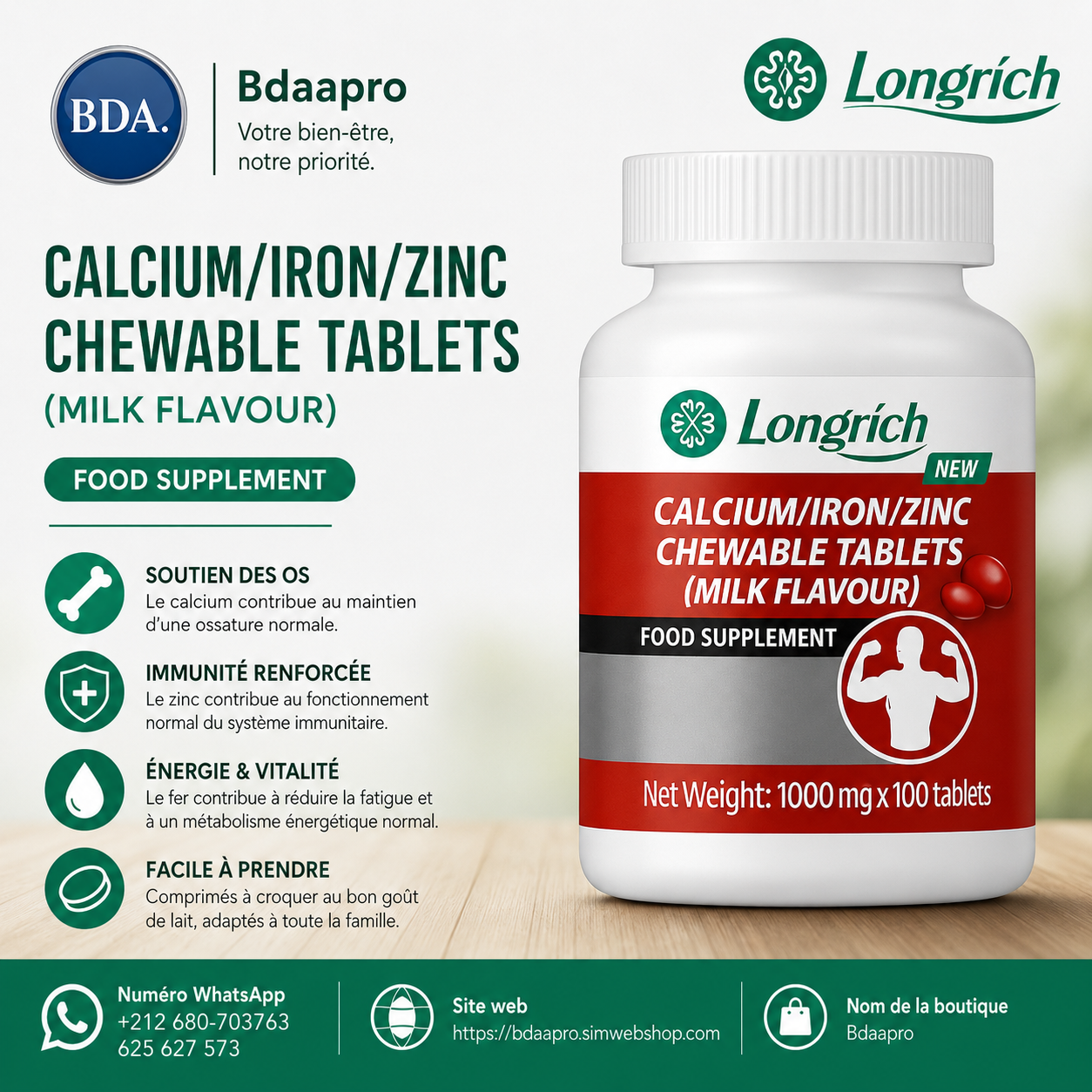 ✅ Longrich – Calcium, Fer & Zinc – 100 Comprimés à Mâcher