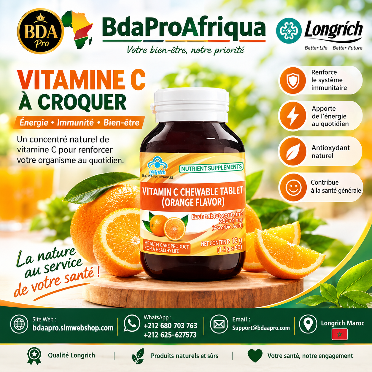 Vitamine C Longrich – Comprimés à croquer, saveur orange 