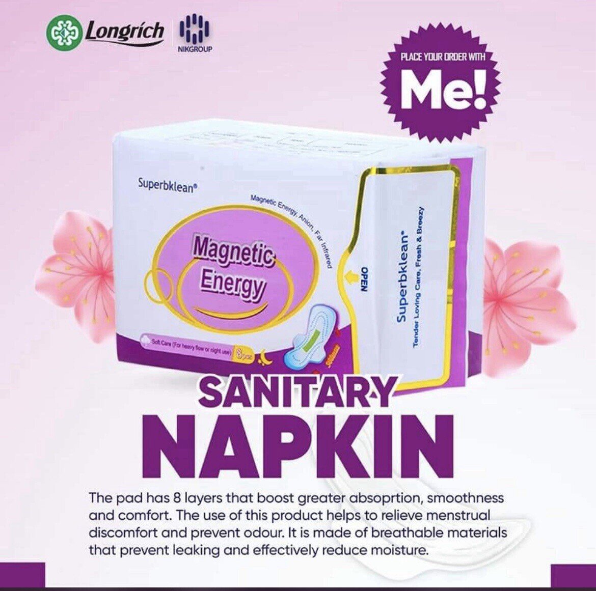 Longrich Superbklean – Serviettes Hygiéniques Magnétiques de Nuit 300 mm