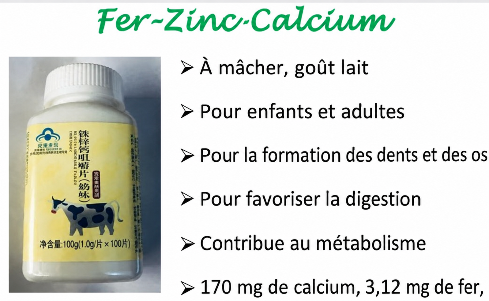 Longrich – Comprimés à Mâcher Calcium, Fer et Zinc, Goût Lait – 100 Comprimés