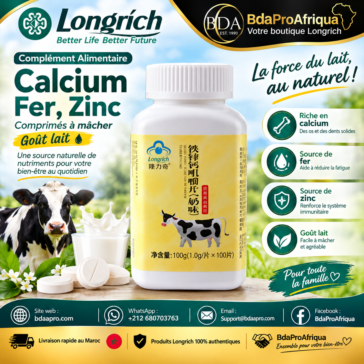 Longrich – Comprimés à Mâcher Calcium, Fer et Zinc, Goût Lait – 100 Comprimés